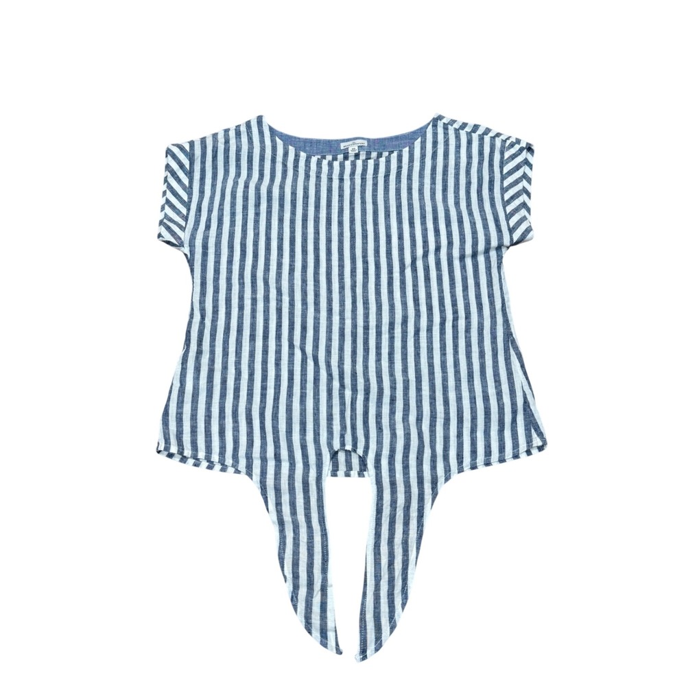 LL Bean Signature Women XS Blue White Striped 100% Linen Front Tie Top Nautical